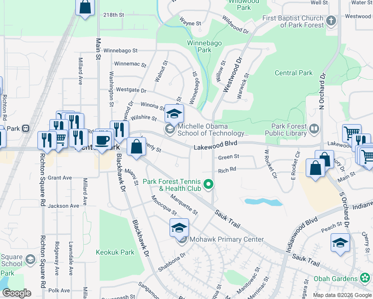 map of restaurants, bars, coffee shops, grocery stores, and more near 332 Waverly Street in Park Forest