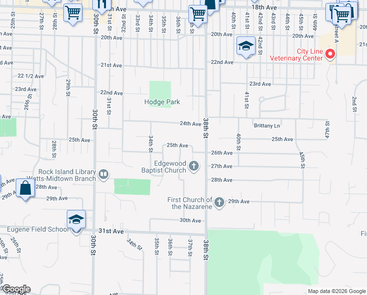 map of restaurants, bars, coffee shops, grocery stores, and more near 3704 26th Avenue A in Rock Island