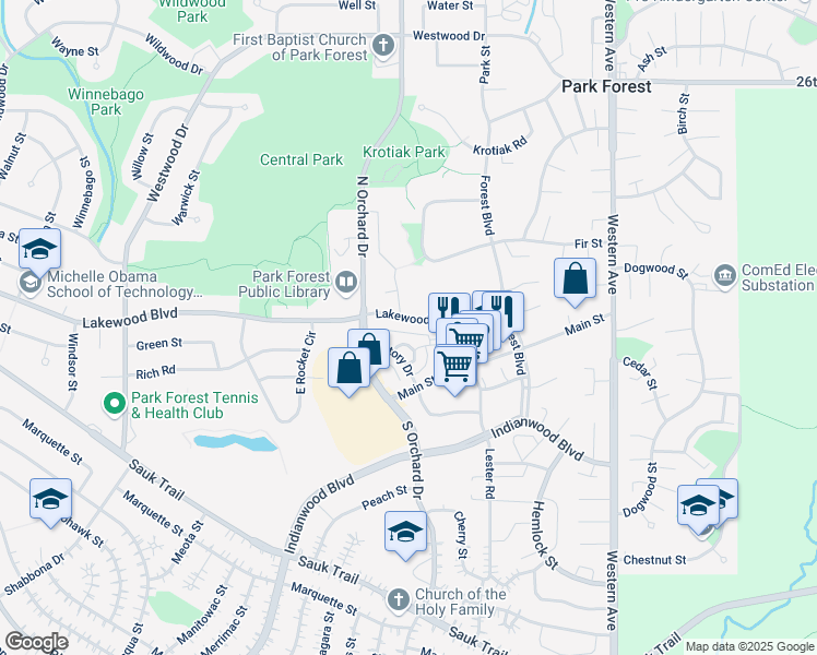map of restaurants, bars, coffee shops, grocery stores, and more near 458 Victoria Circle in Park Forest