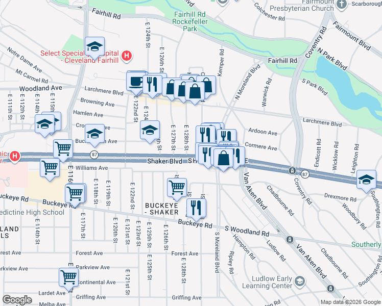 map of restaurants, bars, coffee shops, grocery stores, and more near 12805 Shaker Boulevard in Cleveland