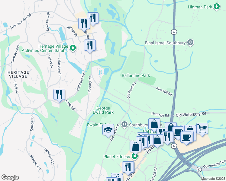 map of restaurants, bars, coffee shops, grocery stores, and more near 61 Robinson Lane in Southbury