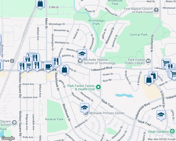 map of restaurants, bars, coffee shops, grocery stores, and more near 332 Waverly Street in Park Forest