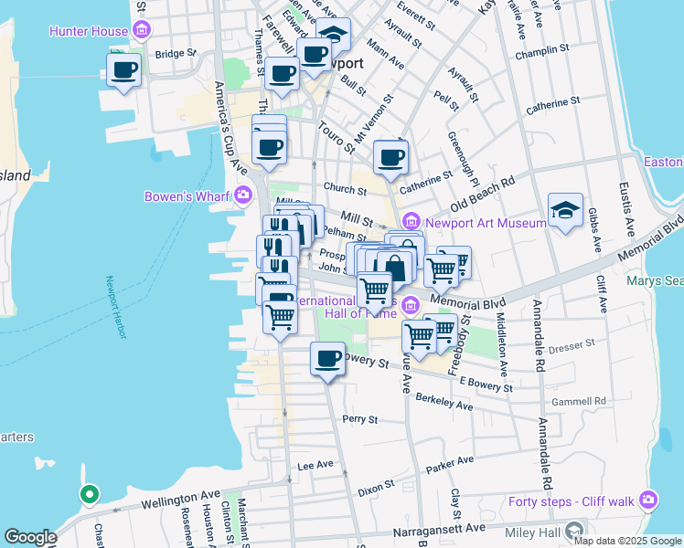 map of restaurants, bars, coffee shops, grocery stores, and more near 62 Rhode Island 138A in Newport