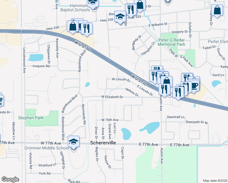 map of restaurants, bars, coffee shops, grocery stores, and more near 36 W Elizabeth Dr in Schererville