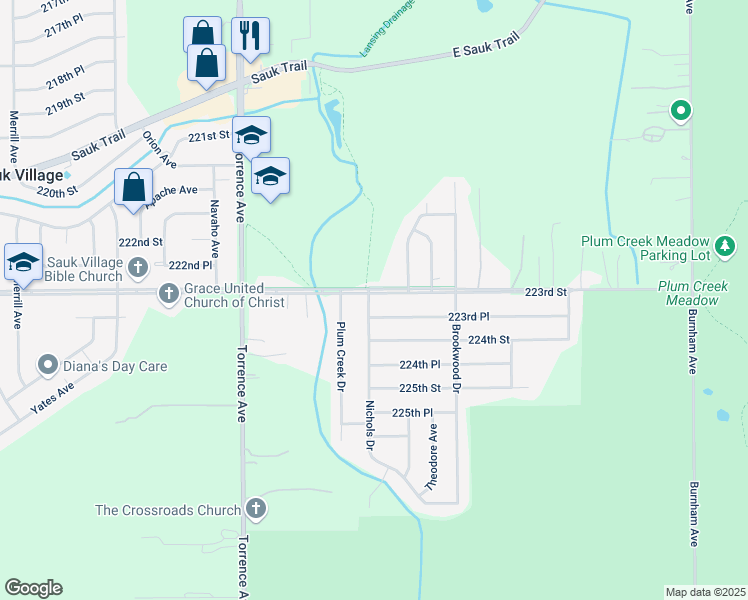 map of restaurants, bars, coffee shops, grocery stores, and more near 2831 223rd Place in Sauk Village