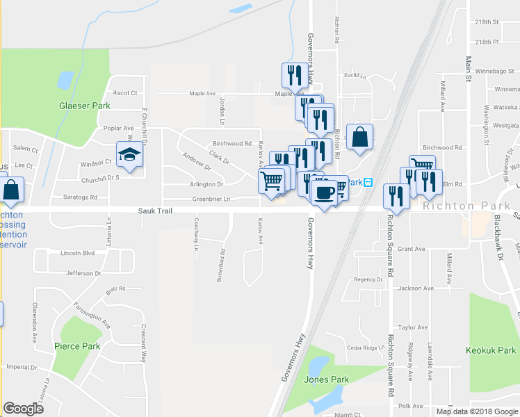 map of restaurants, bars, coffee shops, grocery stores, and more near 22298 Karlov Avenue in Richton Park