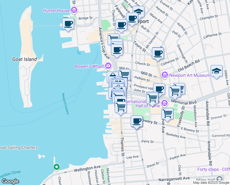 map of restaurants, bars, coffee shops, grocery stores, and more near 337 Thames Street in Newport