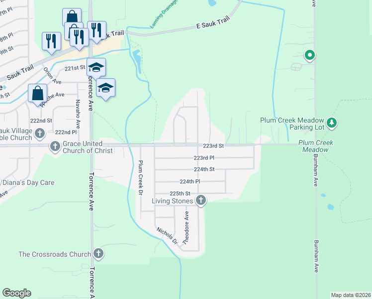 map of restaurants, bars, coffee shops, grocery stores, and more near 2924 223rd Street in Sauk Village