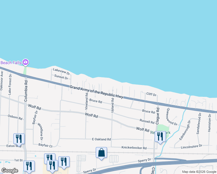 map of restaurants, bars, coffee shops, grocery stores, and more near 24316 Lake Road in Bay Village