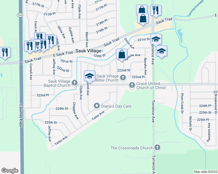 map of restaurants, bars, coffee shops, grocery stores, and more near 2124 223rd Street in Sauk Village
