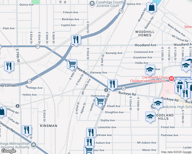 map of restaurants, bars, coffee shops, grocery stores, and more near 9415 Buckeye Road in Cleveland