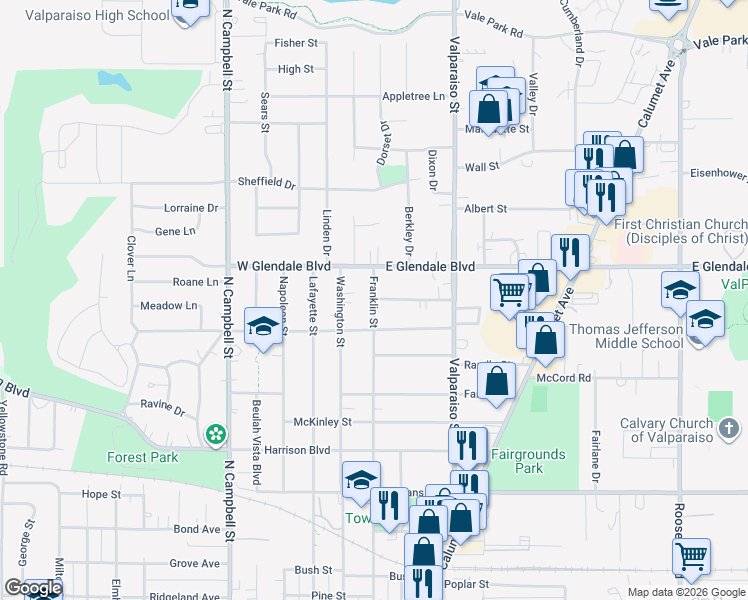 map of restaurants, bars, coffee shops, grocery stores, and more near 1799 Franklin St in Valparaiso