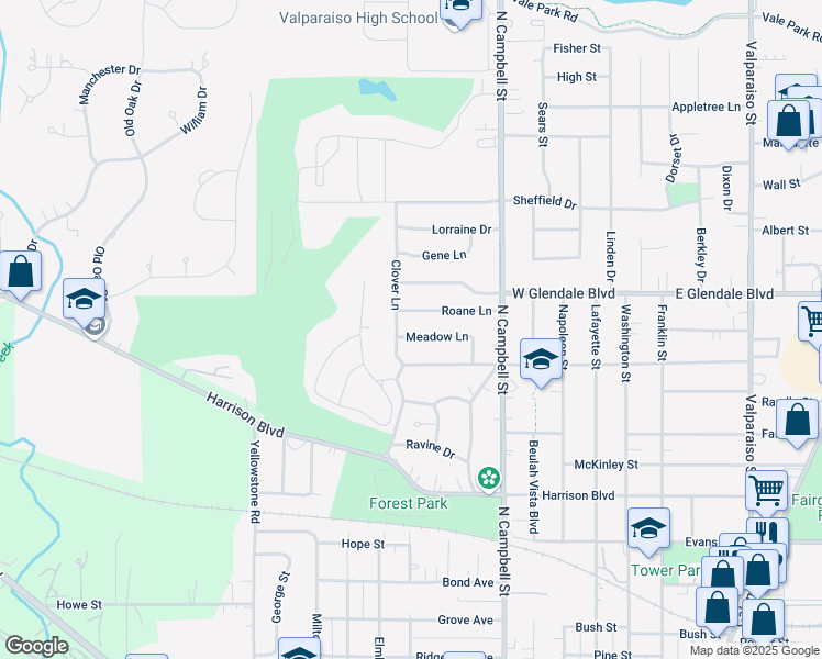 map of restaurants, bars, coffee shops, grocery stores, and more near 1701-1799 Meadow Lane in Valparaiso