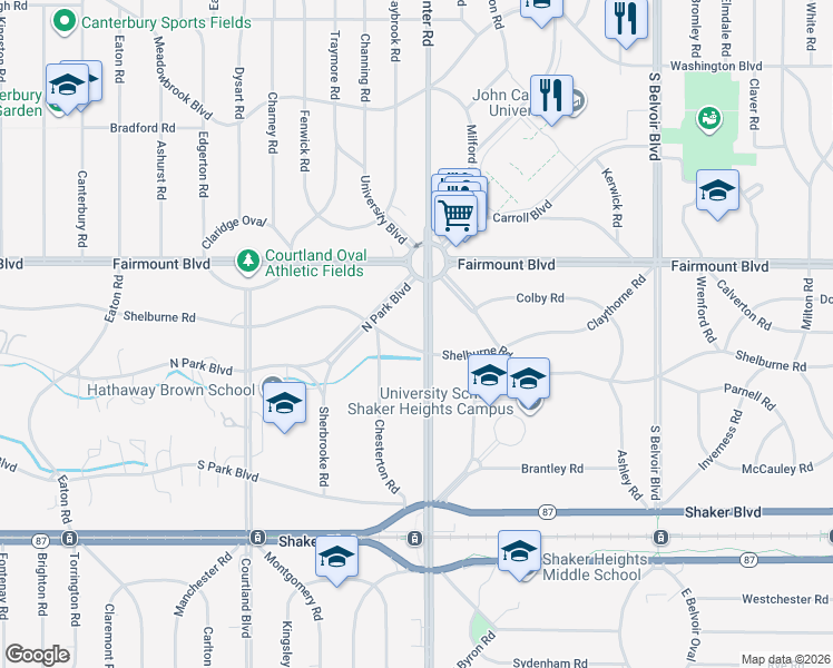 map of restaurants, bars, coffee shops, grocery stores, and more near 20301 Shelburne Road in Shaker Heights