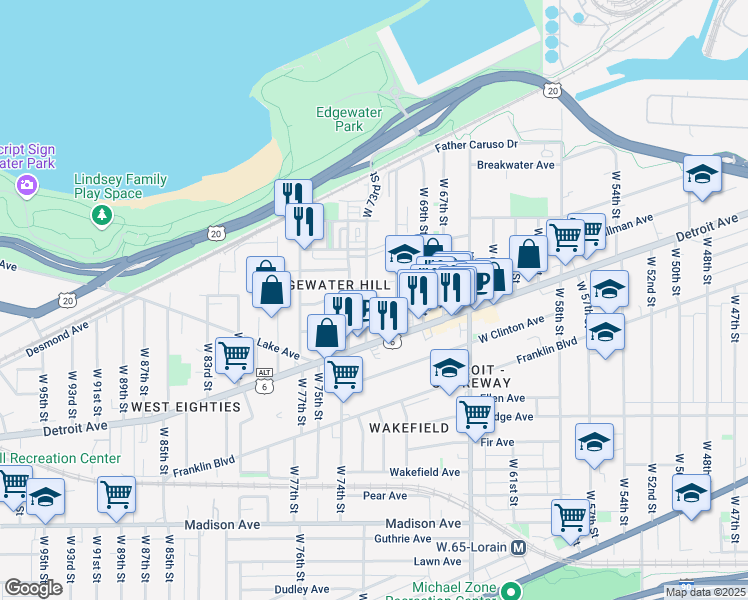map of restaurants, bars, coffee shops, grocery stores, and more near 1358 West 73rd Street in Cleveland