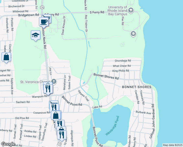map of restaurants, bars, coffee shops, grocery stores, and more near 120 Bonnet Shores Road in Narragansett