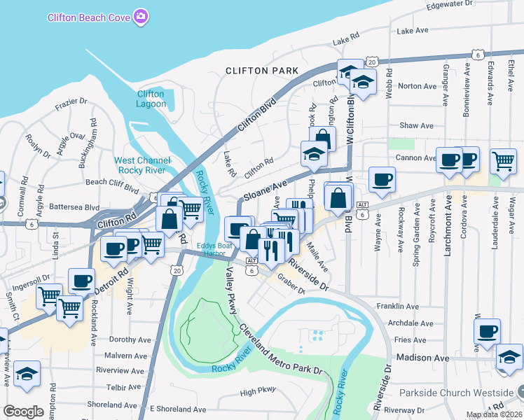 map of restaurants, bars, coffee shops, grocery stores, and more near 1319 Edanola Avenue in Lakewood