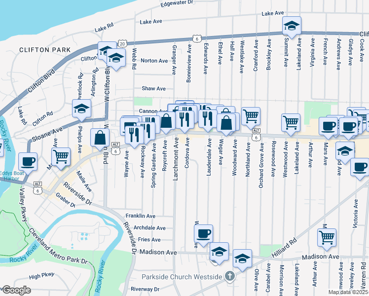 map of restaurants, bars, coffee shops, grocery stores, and more near 1432 Cordova Avenue in Lakewood