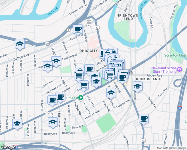 map of restaurants, bars, coffee shops, grocery stores, and more near 2905 Bridge Avenue in Cleveland
