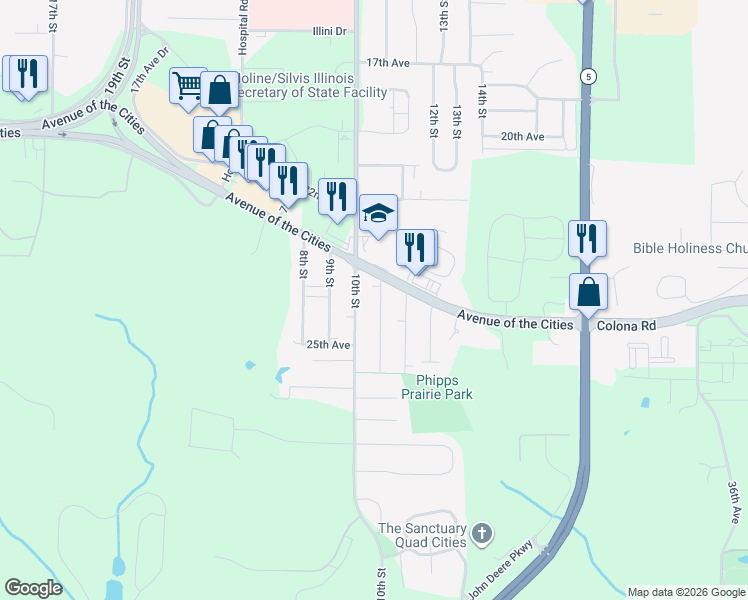 map of restaurants, bars, coffee shops, grocery stores, and more near 2319 10th Street in Silvis