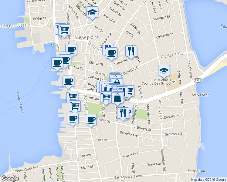 map of restaurants, bars, coffee shops, grocery stores, and more near 152 Bellevue Avenue in Newport