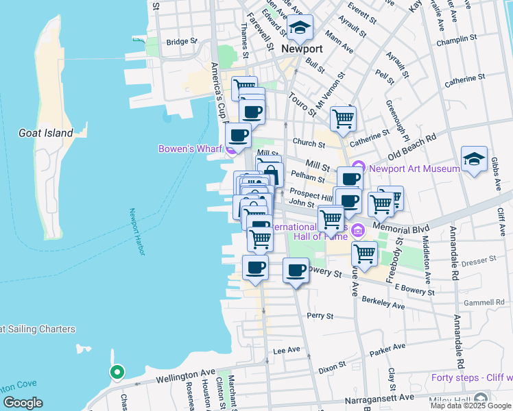 map of restaurants, bars, coffee shops, grocery stores, and more near in Newport