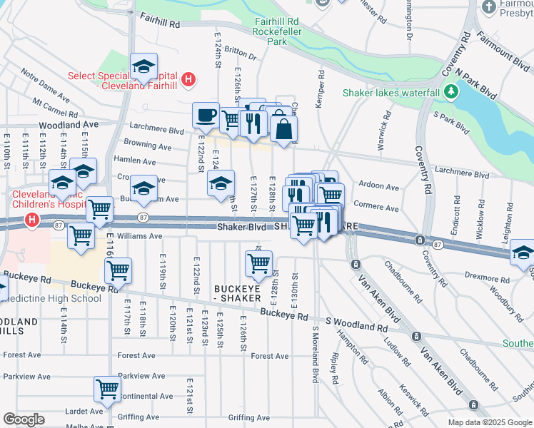 map of restaurants, bars, coffee shops, grocery stores, and more near 12730 Shaker Boulevard in Cleveland