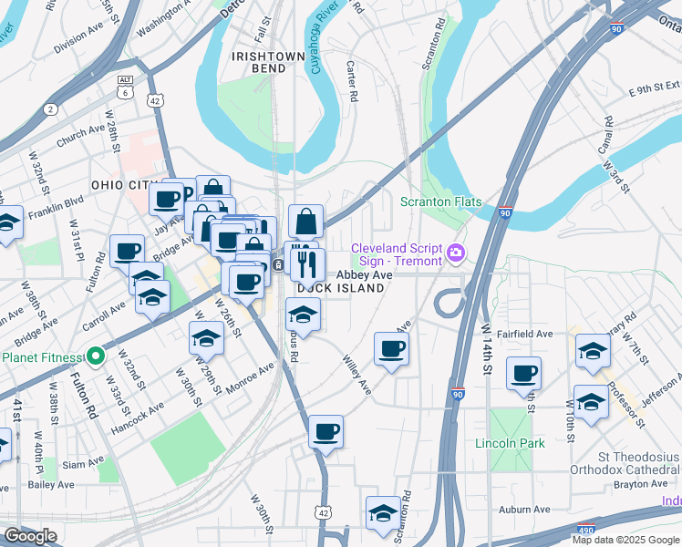 map of restaurants, bars, coffee shops, grocery stores, and more near 2136 West 20th Street in Cleveland