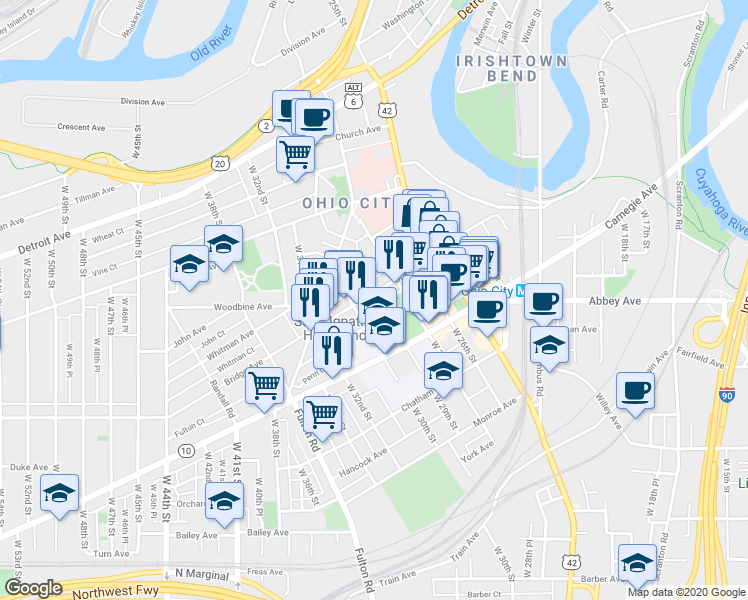 map of restaurants, bars, coffee shops, grocery stores, and more near 1881 West 30th Street in Cleveland