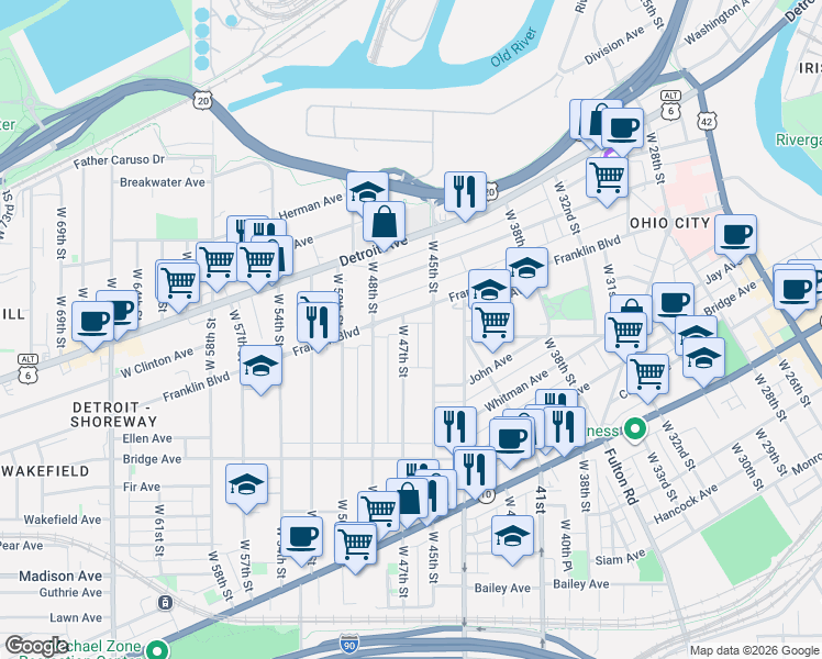 map of restaurants, bars, coffee shops, grocery stores, and more near 1797 West 47th Street in Cleveland
