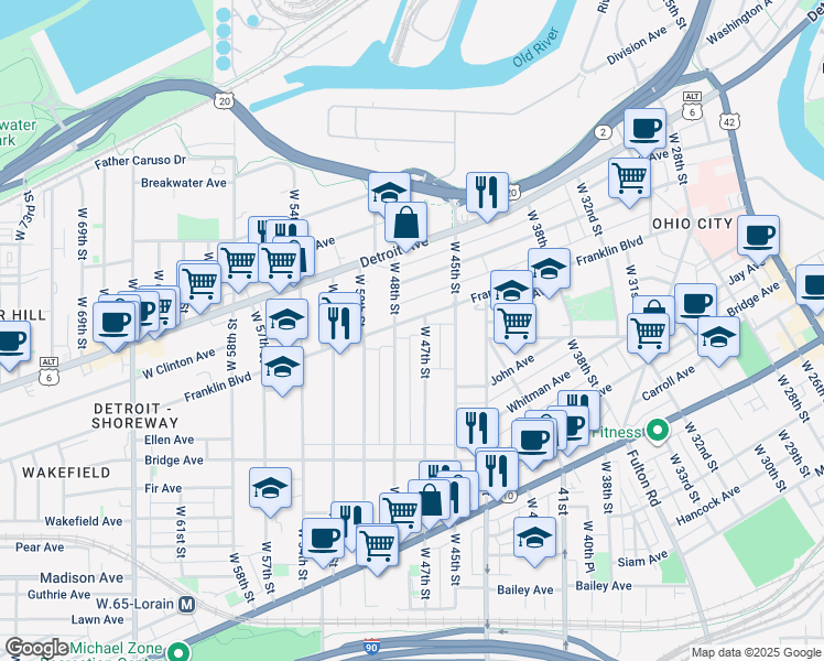 map of restaurants, bars, coffee shops, grocery stores, and more near 1767 West 48th Street in Cleveland