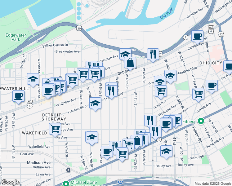 map of restaurants, bars, coffee shops, grocery stores, and more near 5005 Franklin Boulevard in Cleveland