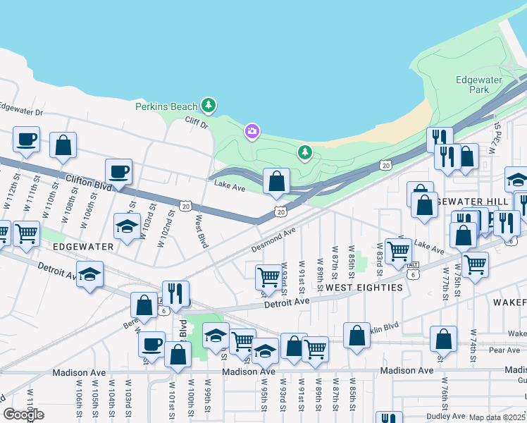 map of restaurants, bars, coffee shops, grocery stores, and more near in Cleveland