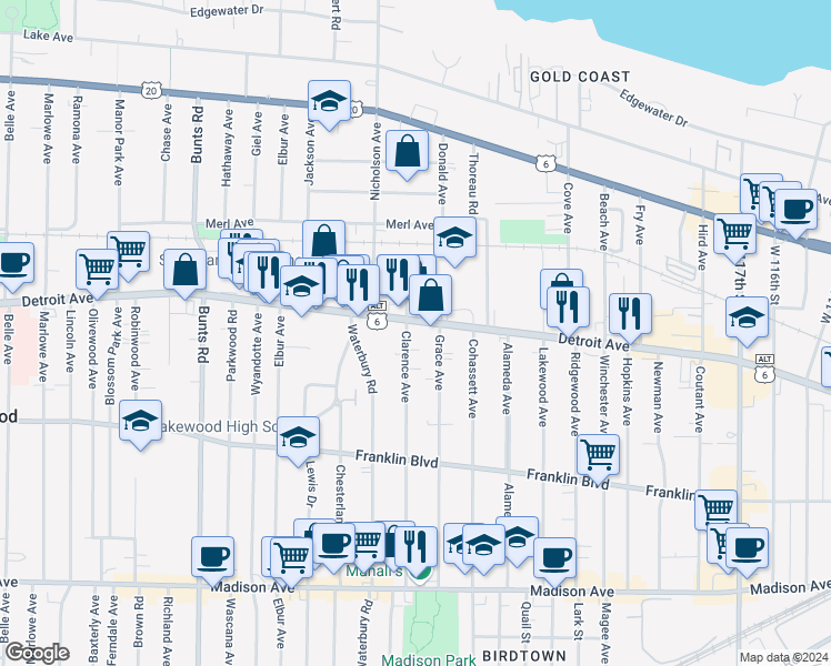 map of restaurants, bars, coffee shops, grocery stores, and more near 1427 Clarence Avenue in Lakewood
