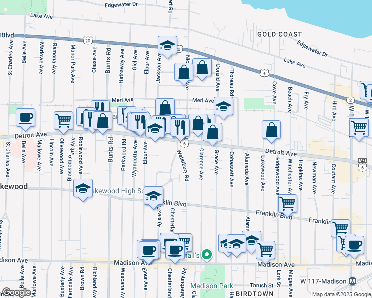 map of restaurants, bars, coffee shops, grocery stores, and more near 1431 Waterbury Road in Lakewood
