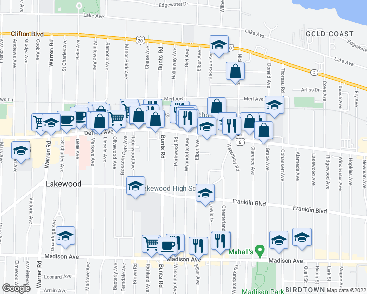 map of restaurants, bars, coffee shops, grocery stores, and more near 1444 Wyandotte Avenue in Lakewood