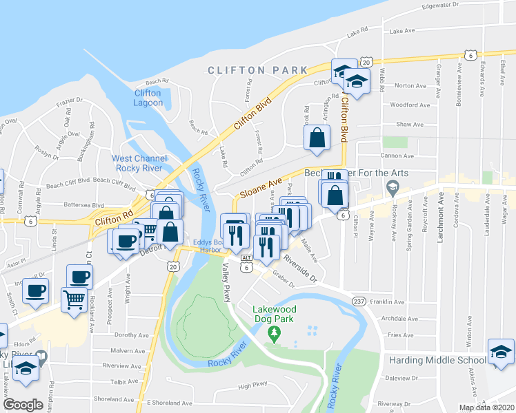 map of restaurants, bars, coffee shops, grocery stores, and more near 1319 Edanola Avenue in Lakewood