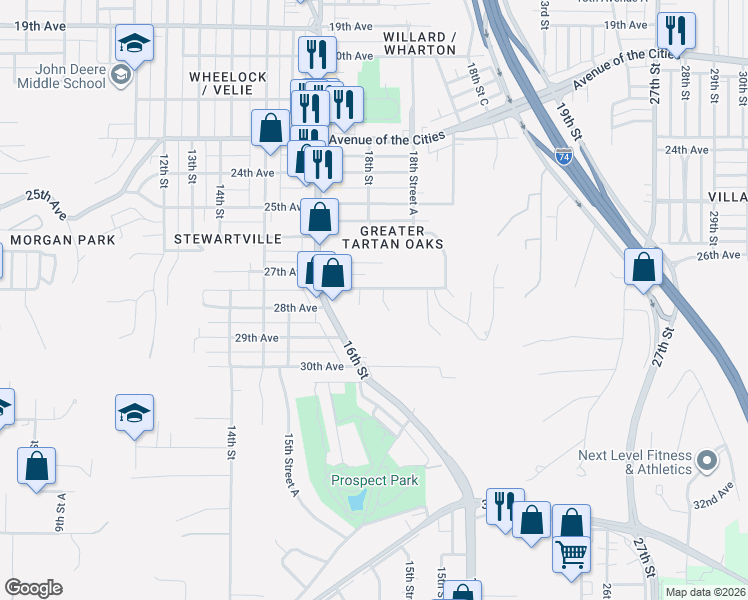 map of restaurants, bars, coffee shops, grocery stores, and more near 2826 17th Street in Rock Island