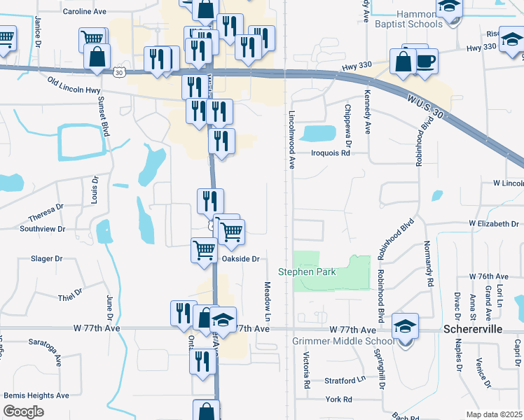 map of restaurants, bars, coffee shops, grocery stores, and more near 2060 Meadow Lane in Schererville
