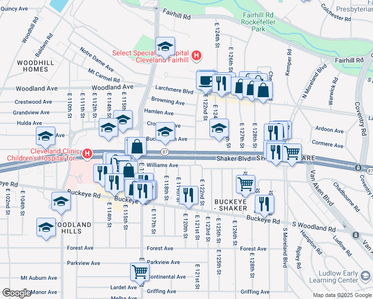 map of restaurants, bars, coffee shops, grocery stores, and more near 12024 Shaker Boulevard in Cleveland