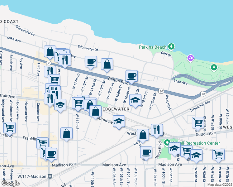 map of restaurants, bars, coffee shops, grocery stores, and more near 1305 West 106th Street in Cleveland