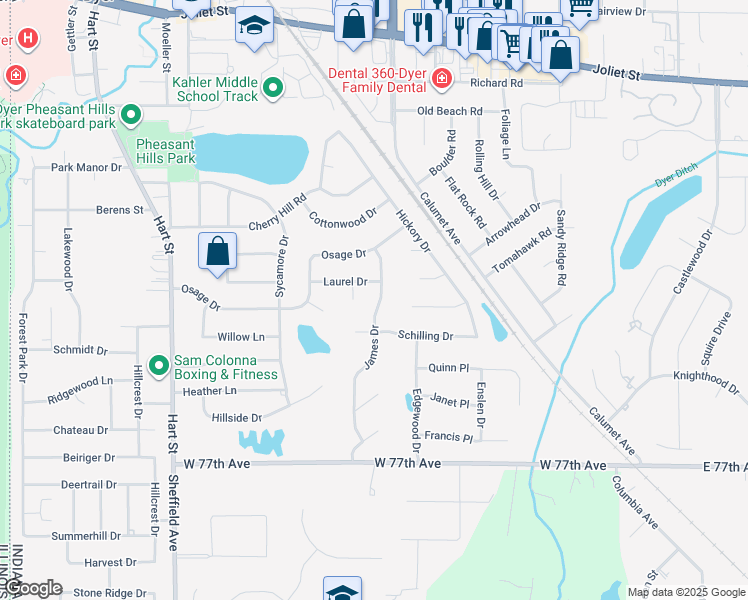 map of restaurants, bars, coffee shops, grocery stores, and more near in Dyer