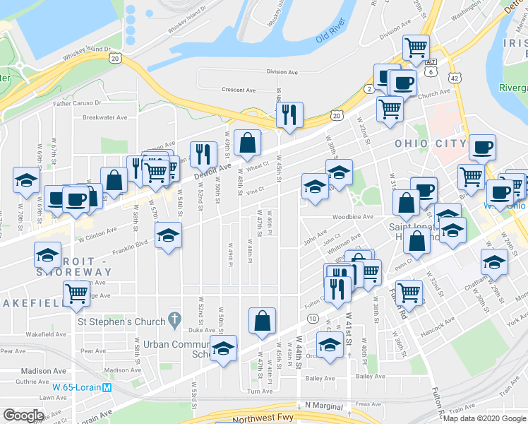 map of restaurants, bars, coffee shops, grocery stores, and more near 1797 West 47th Street in Cleveland