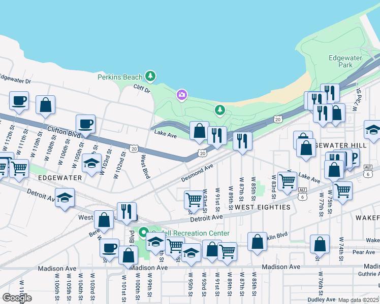 map of restaurants, bars, coffee shops, grocery stores, and more near 9403 Clifton Boulevard in Cleveland
