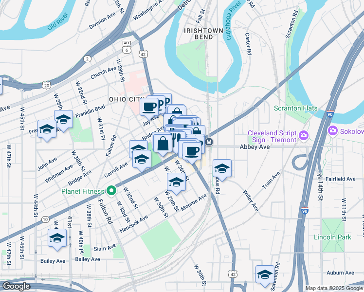 map of restaurants, bars, coffee shops, grocery stores, and more near 2012 West 25th Street in Cleveland