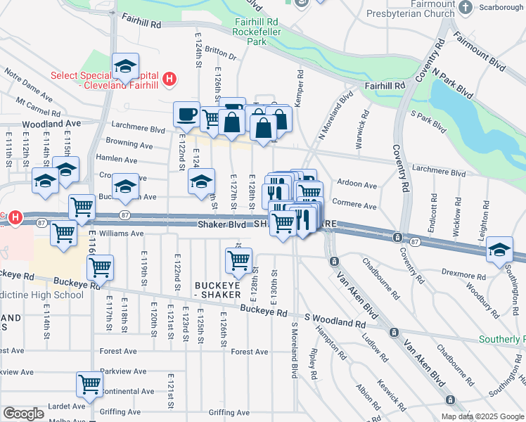 map of restaurants, bars, coffee shops, grocery stores, and more near 12923 Shaker Boulevard in Cleveland