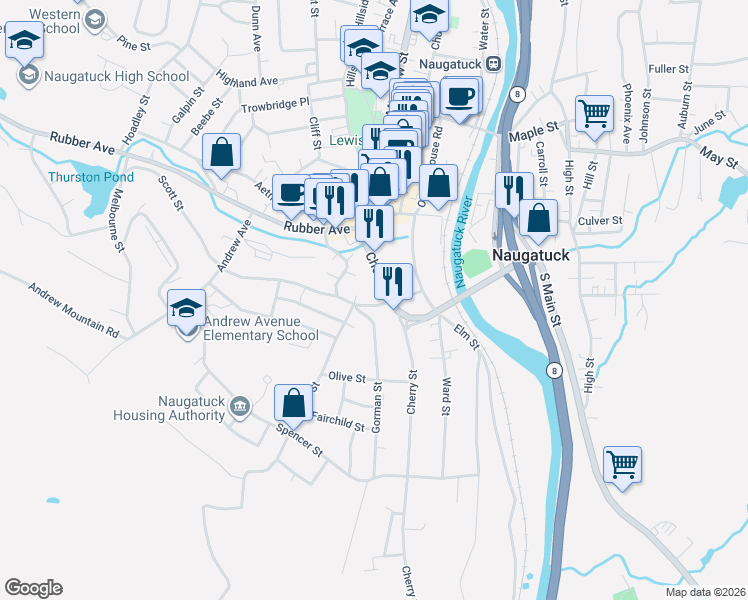 map of restaurants, bars, coffee shops, grocery stores, and more near 64 Scott Street in Naugatuck