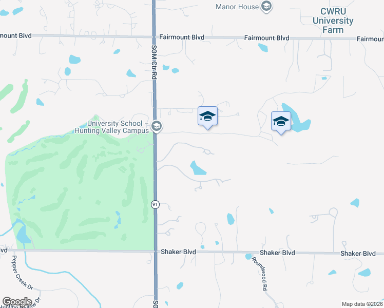 map of restaurants, bars, coffee shops, grocery stores, and more near 2845 Som Center Road in Chagrin Falls