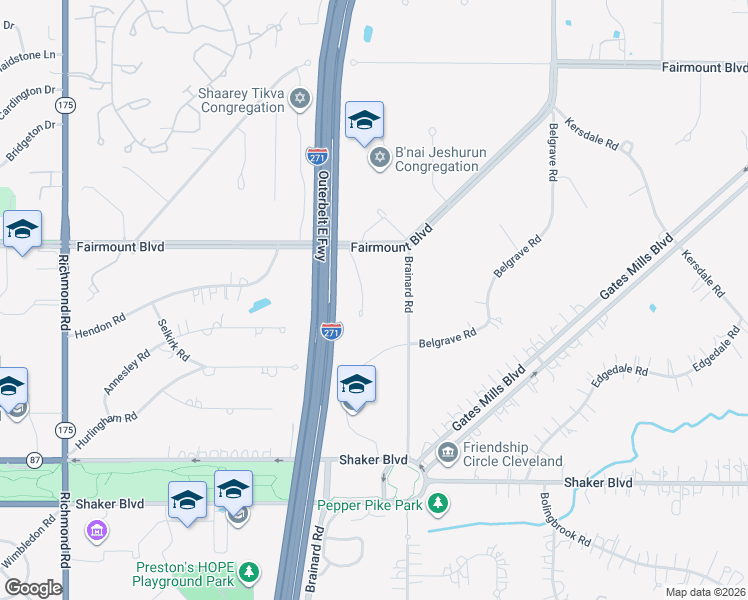 map of restaurants, bars, coffee shops, grocery stores, and more near 2831 Medfield Road in Pepper Pike