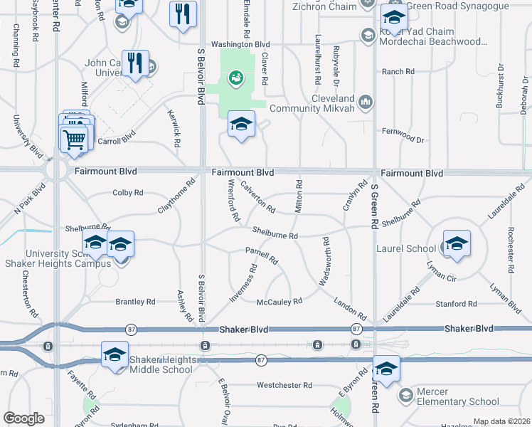 map of restaurants, bars, coffee shops, grocery stores, and more near 22149 Shelburne Road in Shaker Heights